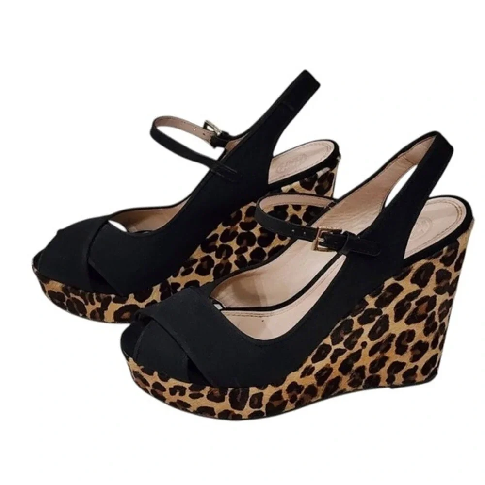 Tory Burch Black Criss Cross Leopard Print Wedge Platform Heels Sandals 9.5‎